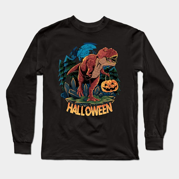 halloween t-rex dinosaur brings pumpkin Long Sleeve T-Shirt by drydenshops